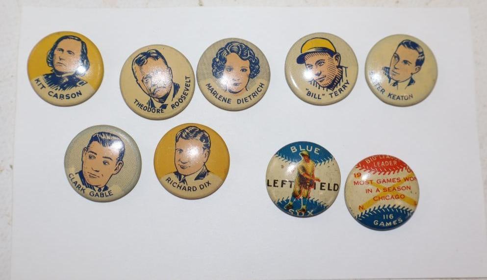 Group of 9 Vintage Style Celebrity and Baseball Pin Back Badges (1 of 3)