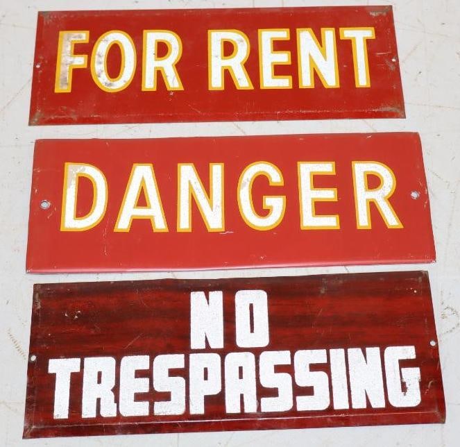 Group of 3 For Rent, Danger and No Trespassing Reflective Single Sided Tin Signs: 9x.75x3.5 Each