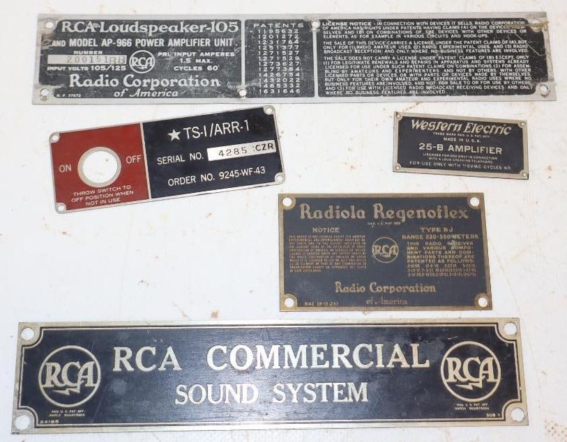 Group of 5 RCA & Western Electric Serial Data Tags: Largest is 8x1.5