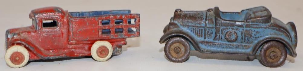 Group of 2 Cast-Iron Roadster and Stakebed Truck Cast-Iron Toy Cars: Largest is 1.25x3x1