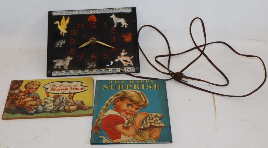 Group of 3 1950s Children Books and Alphabet Clock: Largest is 9x7.5, Clock is in Working Order