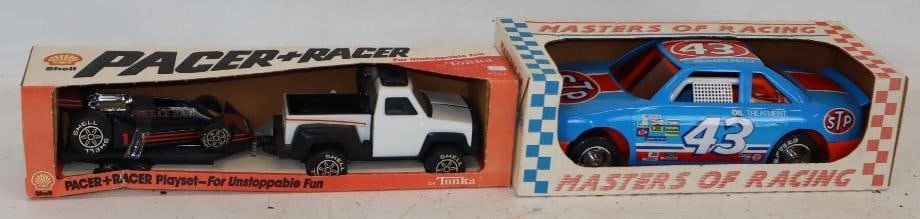 Group of 2 Tonka and American Plastic Toy Truck and Race Cars In Original Boxes: Largest is 19x4.5x5