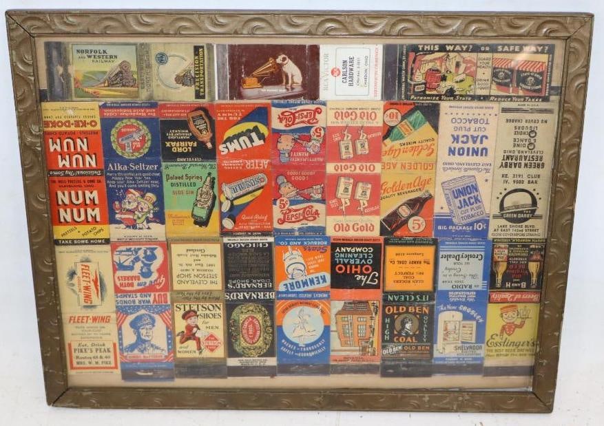 Group of 21 Advertising Matchbooks Mounted in Picture Frame: 15x12