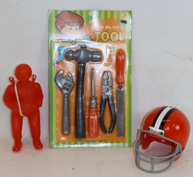 Group of 3 Little Mister Fix It Tool Set and Pair Trooper Toy and Browns Helmet Coil Bank: Largest is 7x11
