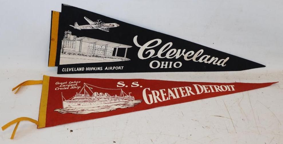Group of 2 Cleveland Hopkins Airport and Greater Detroit Cruse Ship Adverting Felt Pennants: Largest is 9x26.5