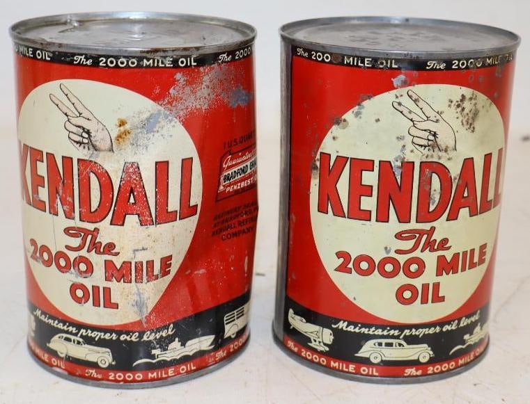Group of 2 Kendall The 2000 Mile Oil One Quart Metal Oil Cans with Transportation Graphics: Both are empty. 32oz each