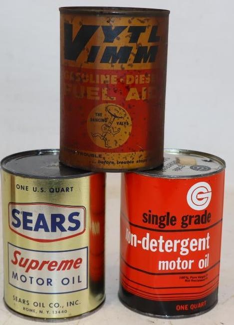 Group of 3 Sears, Golden Circle, and Vytl Vimm One Quart Metal Oil Cans: Vytl Vimm has paper label. All cans are empty. 32oz each
