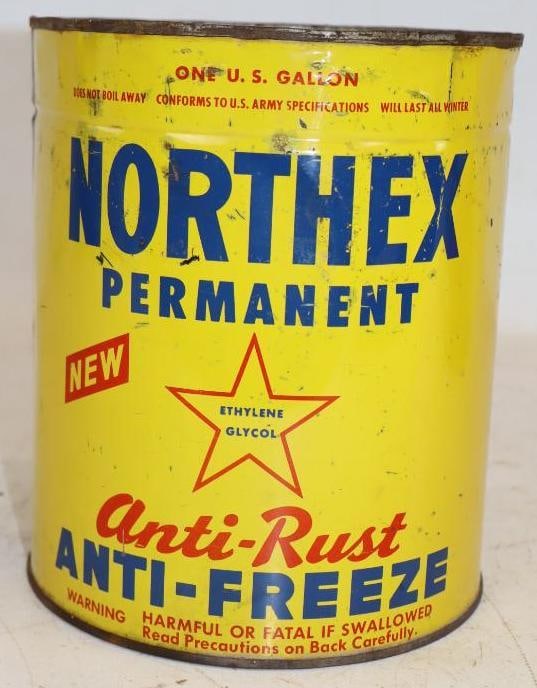 Northex Permanent One Gallon Antifreeze Metal Oil Can: Empty. Missing top lid. 6.5" x 6.5" x 7.75"