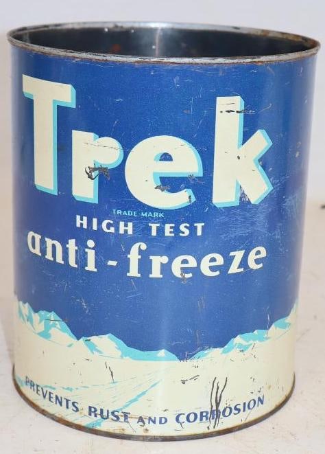 Trek One Gallon Hi-Test Antifreeze Metal Oil Can: Empty. Missing top lid. 6.5" x 6.5" x 7.75"