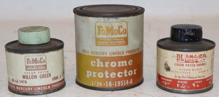 Group of 3 FoMoCo Touch Up Paint and Chrome Protector Advertising Cans: Largest is 8oz