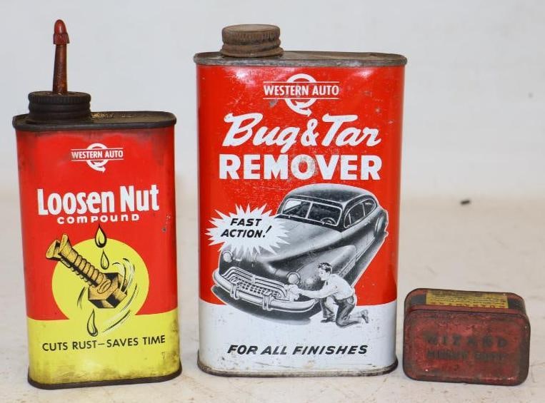 Group of 3 Western Auto Bug and Tar Remover, and Loosen Nut Advertising Cans: Largest is 16oz