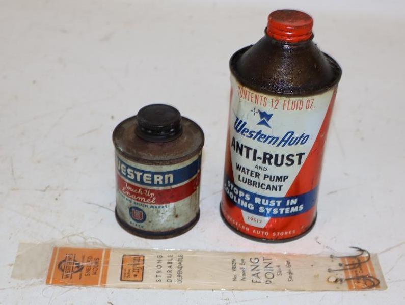 Group of 3 Western Auto Fishing Hooks, Water Pump Lubricant, and Touch Up Enamel (1 of 3)