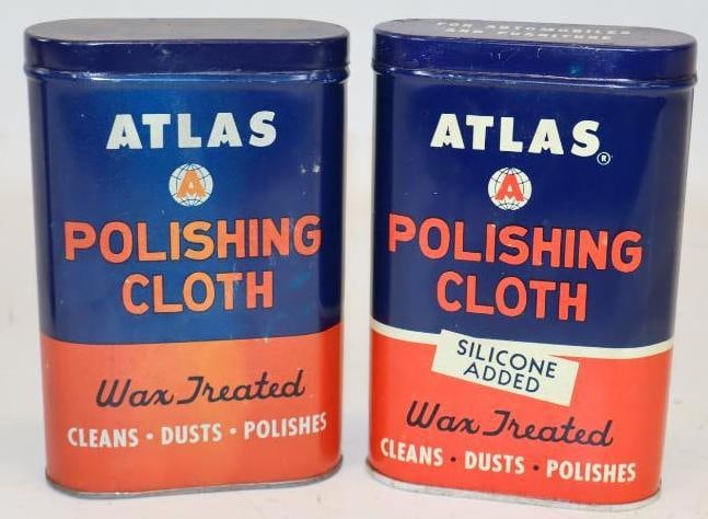 Group of 2 Atlas Wax Treated Polishing Cloth Tins: Both have cloths3.5" x 1.5" x 5.25" each