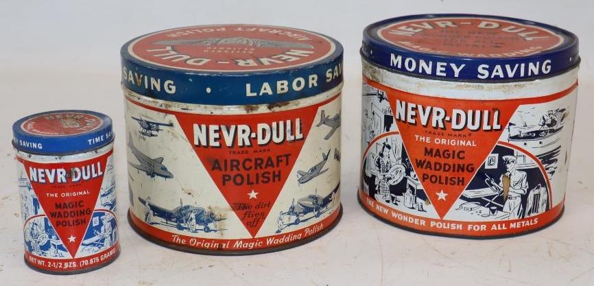 Group of 3 Nevr-Dull Aircraft and Magic Wadding Polish Cans: Largest is 6" x 6" x 5"