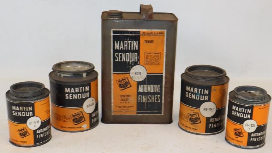 Group of 5 Martin Senour Automotive Spray Lacquer Cans: Largest is 1 gallon