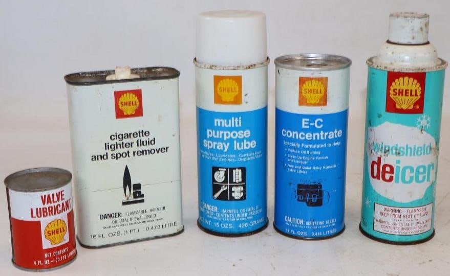 Group of 5 Shell Products Automotive Related Cans: Largest is 15oz