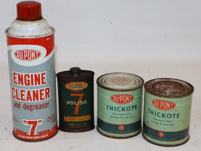 Group of 4 DuPont Thickoat, Engine Cleaner, and Polish Automotive Advertising Cans: Largest is 16oz