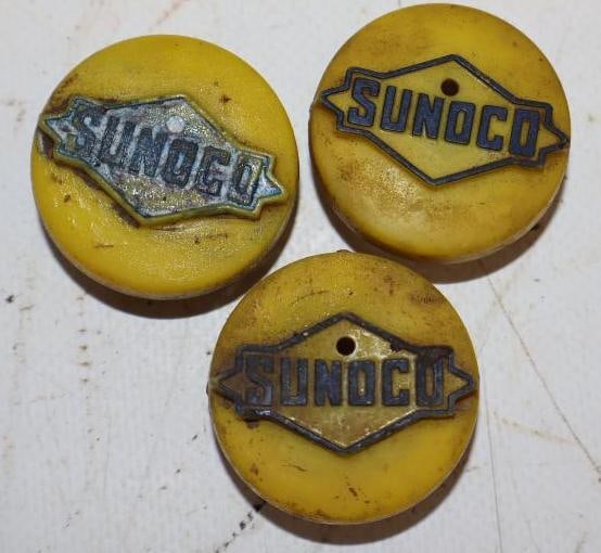 Group of 3 Plastic Sunoco Embossed Battery Fluid Caps: 1.25" x 1.25" x 1.5" each