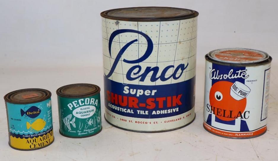 Group of 4 Shellac, Tile, and Aquarium Cement and Paint Cans: Largest is 1 gallon