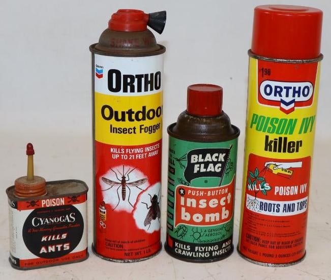 Group of 4 Ortho, Black Flag, and Cyanogas Incest Killer Cans: Largest is 19oz