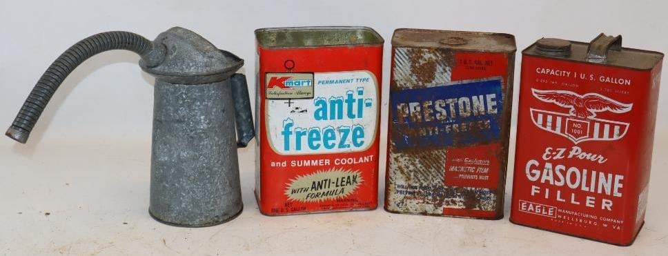 Group of 4 Antifreeze, Gasoline Filler, and Galvanized Two Quart Oil Can (1 of 4)