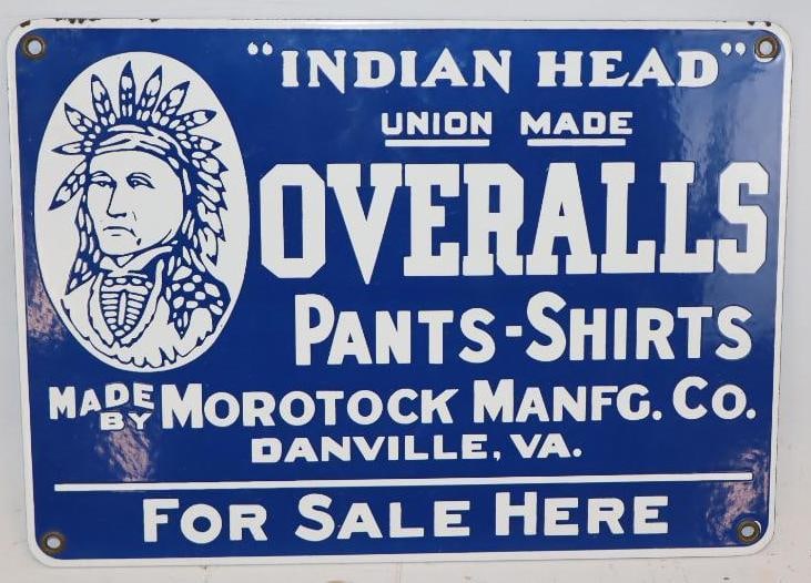"Indian Head" Union Made Overalls, Pants and Shirts Sold Here SSP Advertising Sign: 14" x 10" age unknown