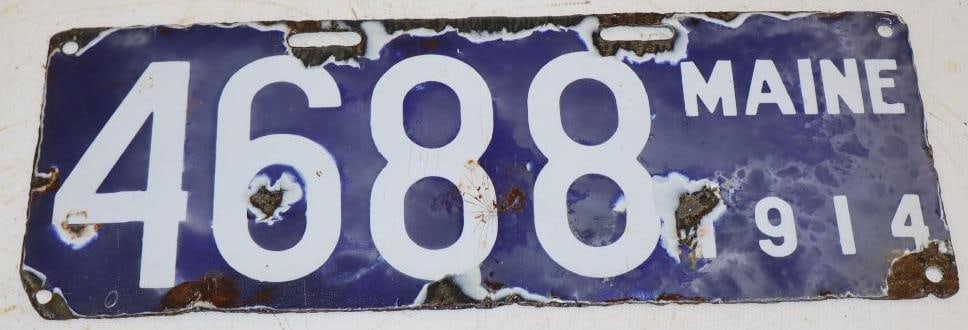 1914 Maine Four Digit Porcelain License Plate: 14.5" x 5.25"