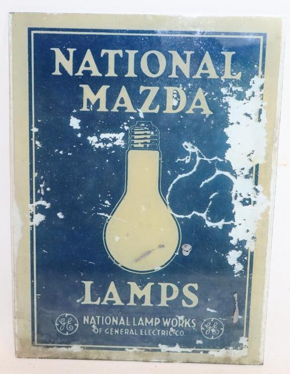 National Mazda Lamps Reverse Painted Glass Advertising Sign: 8.5" x 12"