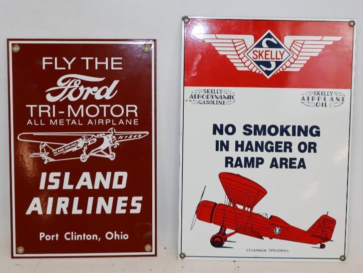 Group of 2 Skelly & Ford Aviation Related SSP Reproduction Advertising Signs: Largest is 9.25" x 13.25"