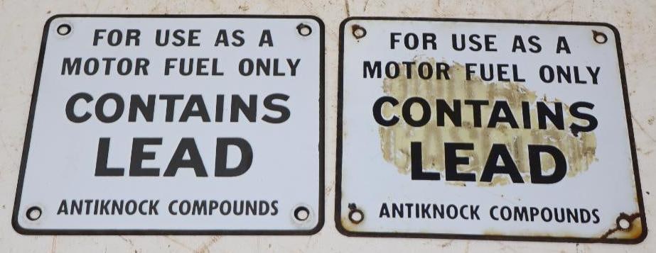 Group of 2 Contains Led Anti Knock Compounds Porcelain Gas Pump Signs: 7" x 6" each