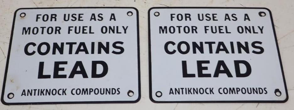 Group of 2 Contains Led Anti Knock Compounds Porcelain Gas Pump Signs: 7" x 6" each