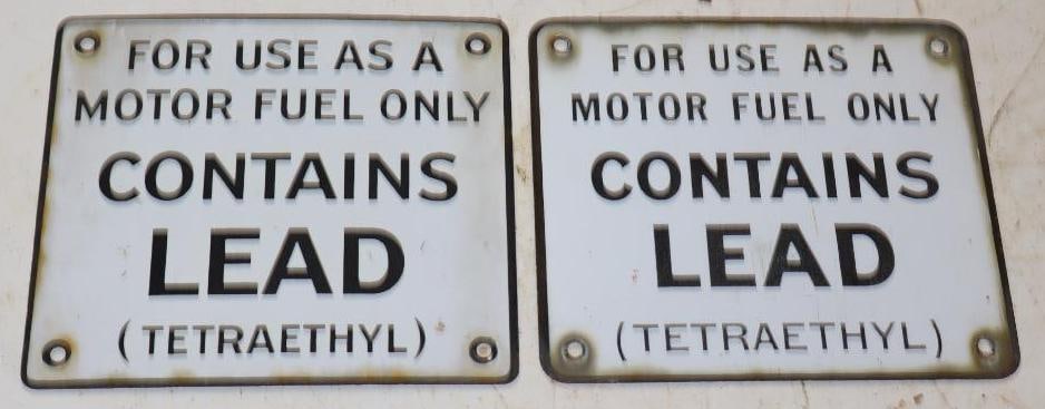 Group of 2 Contains Led Tetraethyl Porcelain Gas Pump Signs: 7" x 6" each