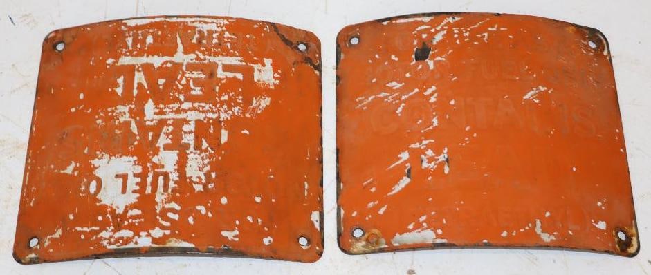 Group of 2 Contains Led Tetraethyl Porcelain Gas Pump Signs: 7" x 6" each both curved with heavy shelving