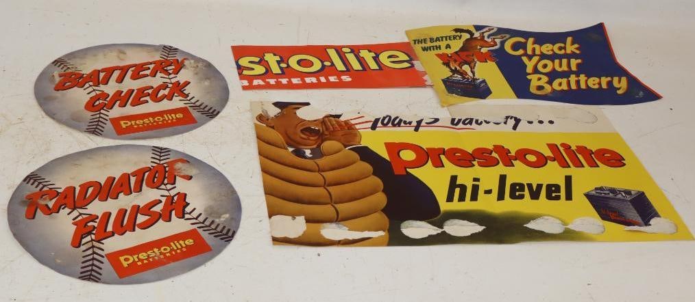 Group of 5 Prest-o-lite Battery Paper Advertising Signs: Largest is 20" x 12" all signs have water damage