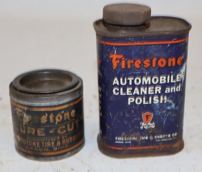Group of 2 Early Firestone Automobile Polish & "Cure-Cut" Advertising Cans: Largest is 6 oz