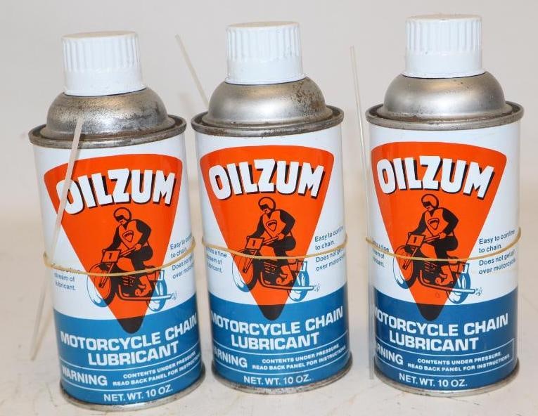 Group of 3 NOS Oilzum Motorcycle Chain Lubricant Cans: 10 oz each