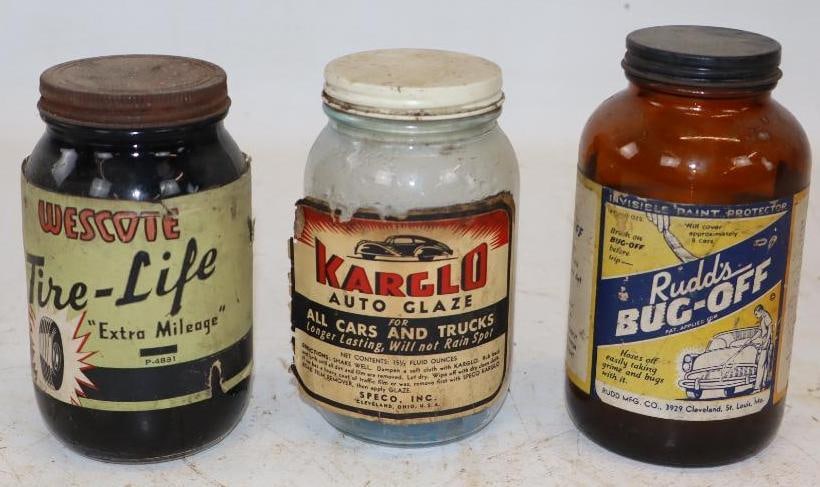 Group of 3 Westcote Tire Life, Karglo Auto Glaze, & Rudd's Bug Off Glass Advertising Jars: 16 oz each