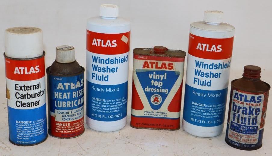 Group of 6 Atlas Car Maintenance Products Cans & Bottles: Largest is 32 oz