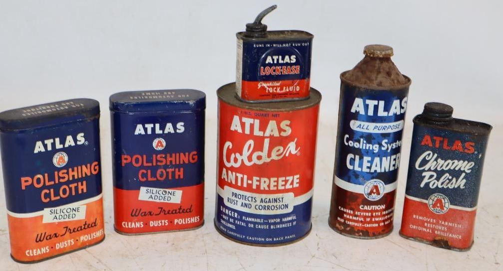 Group of 6 Atlas Car Maintenance Products Cans & Bottles: Largest is 32 oz