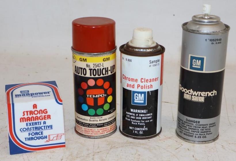 Group of 5 GM Sprays, Polishing Cloth, & Man Power Paperweight: Largest is 7 oz
