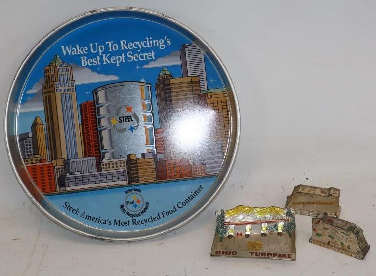 Group of 4 Ohio/Pennsylvania Turnpike Souvenirs & Steel Advertising Service Tray: Largest is 11.75" x 11.75" x 1"
