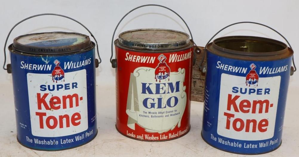 Group of 3 Tin Litho Sherwin Williams Super Kem-Tone Paint Cans: 1 gallon each, 2 are empty, 1 is full, 1 is missing lid