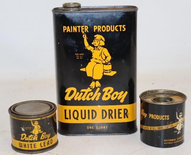 Group of 3 Dutch Boy White Lead, Liquid Dryer, & Sauder Wire Cans: Largest is 32 oz, liquid dryer can is missing lid