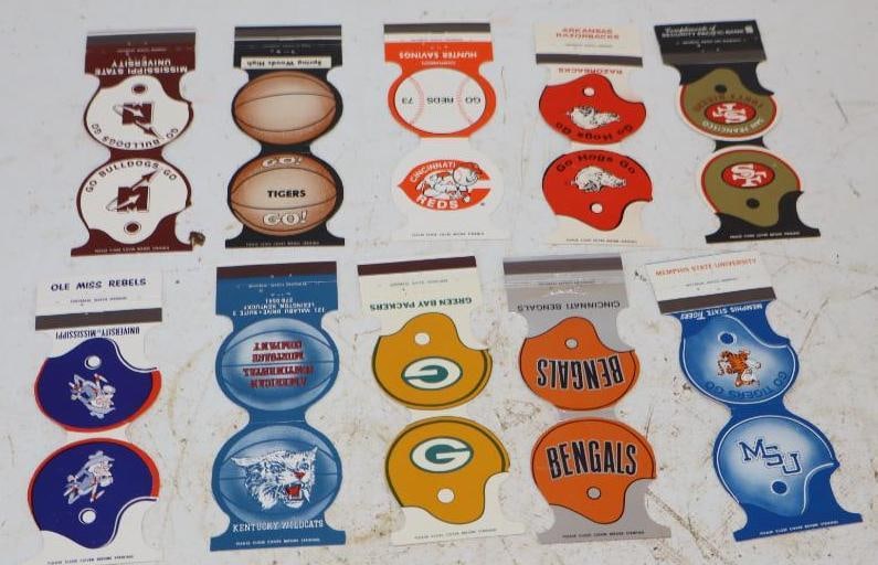 Group of 10 Helmet & Ball Shaped Sports Advertising Matchbooks: 5" x 2" each
