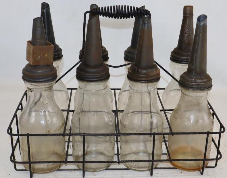 Group of 8 Bulk Oil 32 oz Glass Bottles with Carrier: 18.5" x 9.5" x 14"
