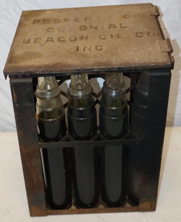 Colonial Beacon Oil Company Tall Quart Glass Bottle Carrying Case With 4 Bottles (1 of 6)