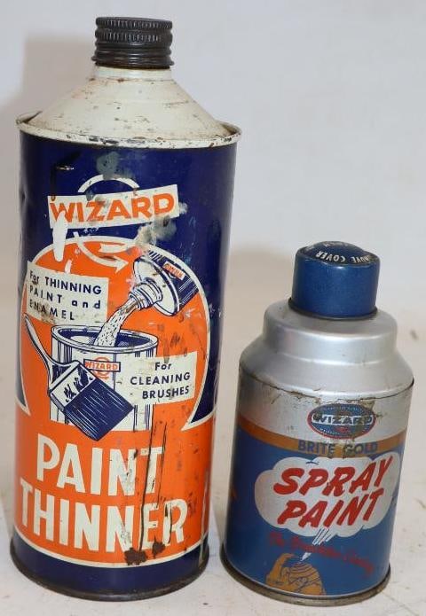 Group of 2 Wizard Spray Paint & Paint Thinner Advertising Cans: Largest is 32 oz