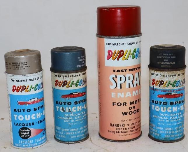 Group of 4 Dupli-Color Automotive Touch Up Spray Paint Cans: Largest is 13 oz