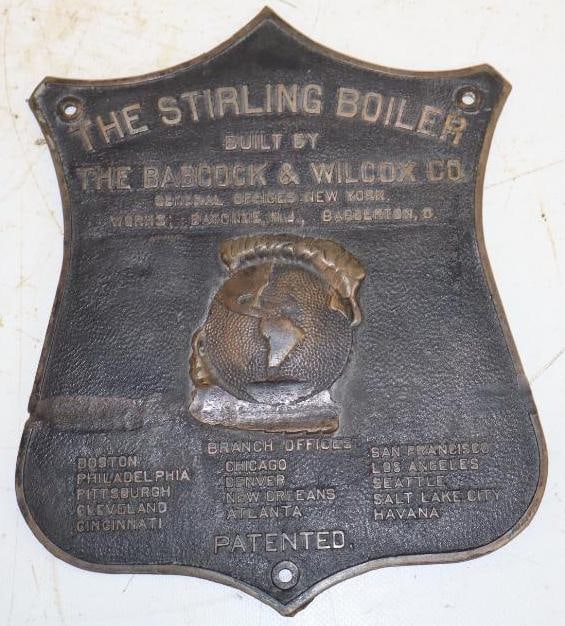 Babcock & Wilcox Brass Embossed Shield Shaped Boiler Sign: 7.25" x 9"