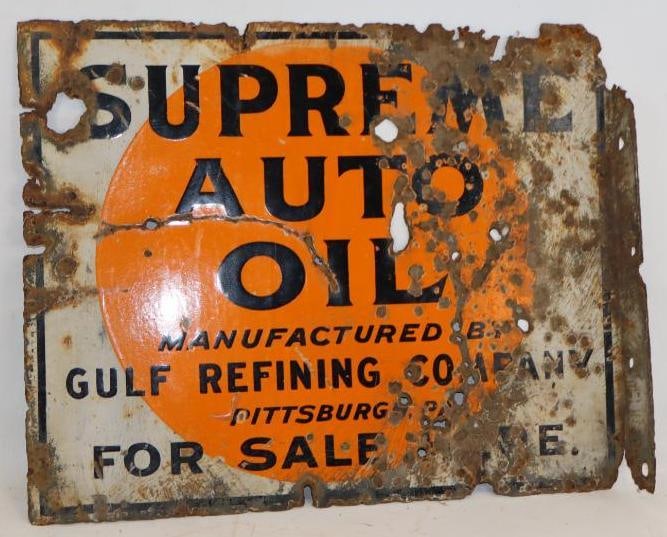 Gulf Refining Supreme Auto Oil DSP Flange Sign: 22" x 18" sign has several holes and heavy rusting